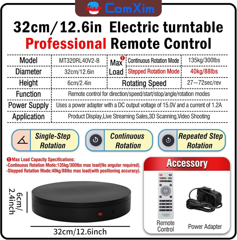 ComXim 12.6In Remote Motorized Electric Turntable Rotating Display Stand Rotating Platform Photography Turntable motorized lazy susan base giratoria para for Photography,3D Scanner,(Load Range:88~300lbs) - Image 2
